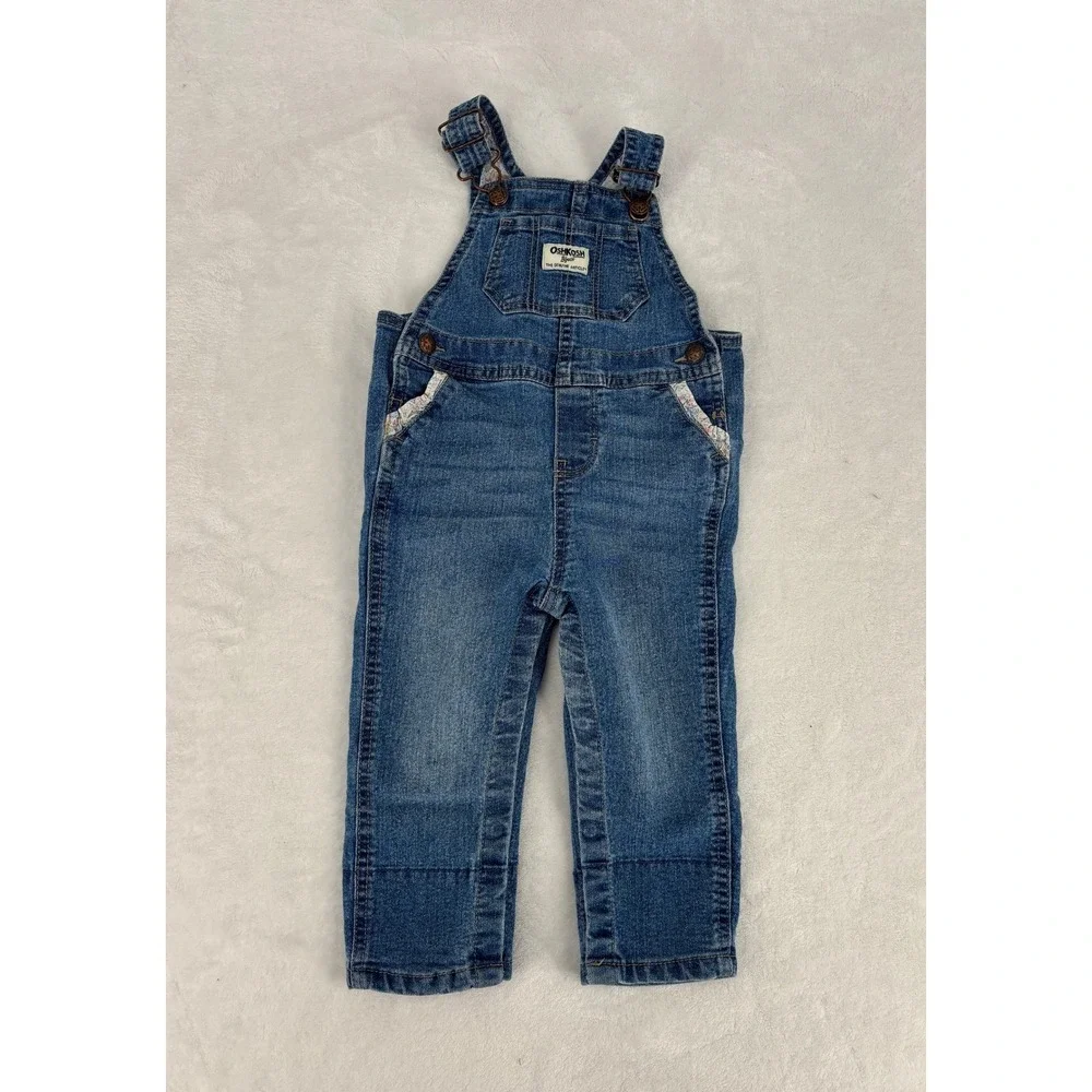 OshKosh Denim‎ Overalls Baby Girl 18M Blue Floral Trim Bib Jeans 1K338010